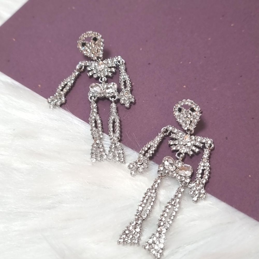 New CLEAR RHINESTONE SKELETON dangle halloween earrings jointed
